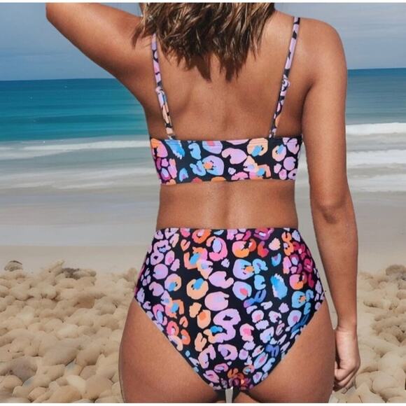 Cupshe Womens 1 Piece Swimsuit XXL Pink Leopard V-Neck Twist Front Cheeky High - Picture 2 of 8